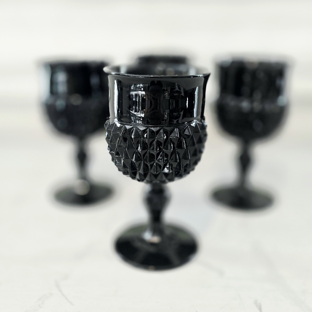 Vintage Tiara INDIANA GLASS Black Wine Goblet Diamond Point Cameo GOTHIC